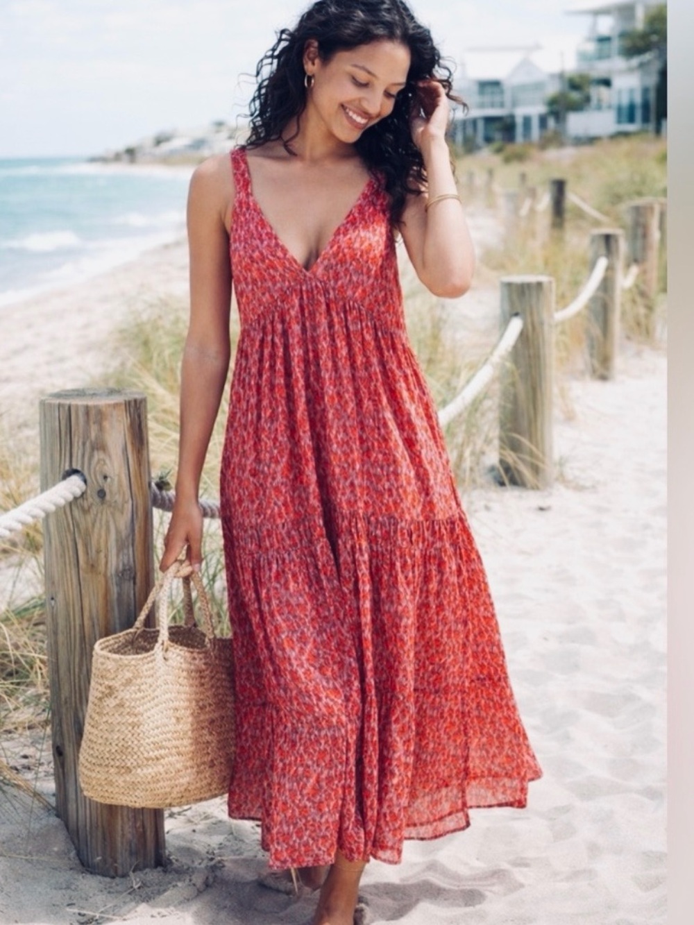 NWT Joie 100% Cotton Coral-Red & Pink Printed V-Neck Tiered Midi Dress